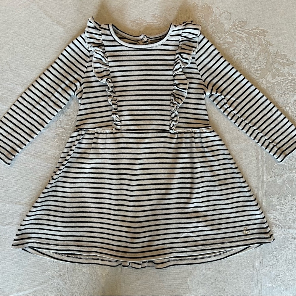 Petit Bateau Black & White Striped Ruffle Dress